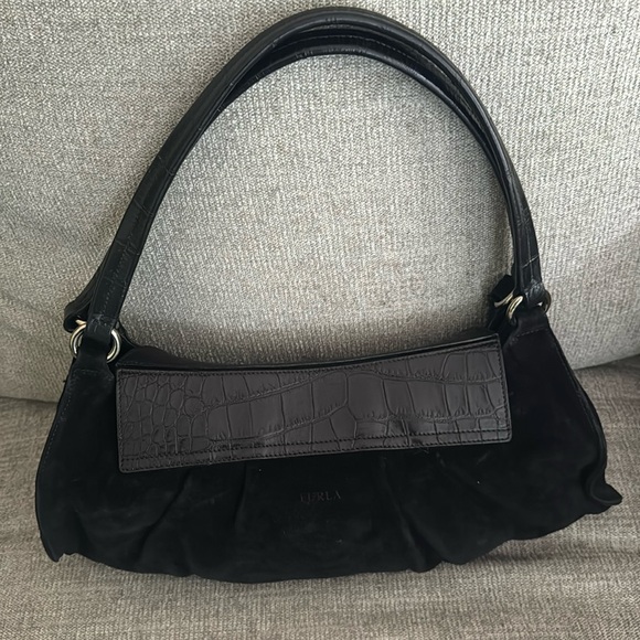 Vintage Furla Black Suede And Emboseed Crocodile Leather Shoulder Bag - Picture 3 of 14